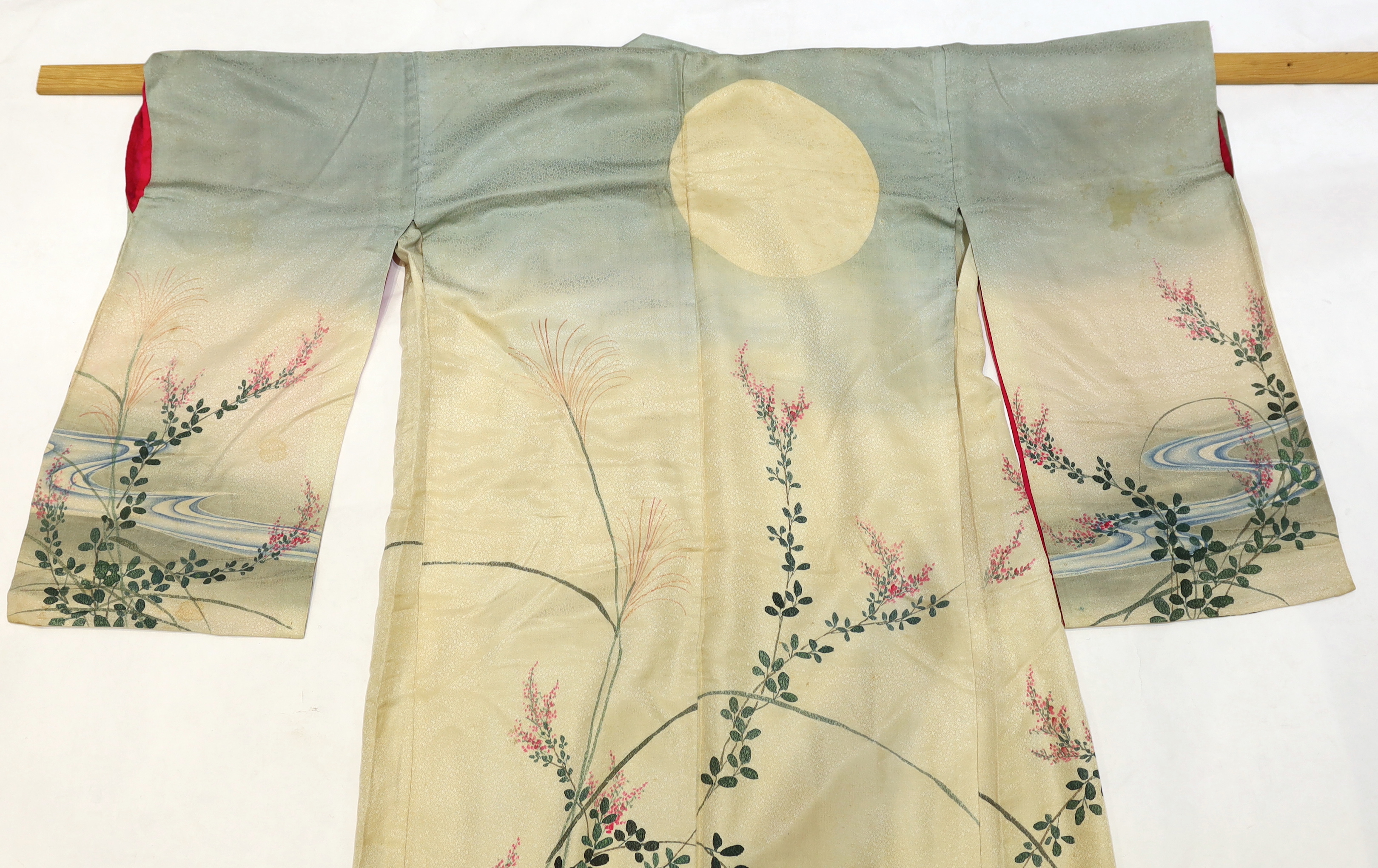 A1920’s Japanese silk ladies kimono, hand painted with blossom, rivers and the moon